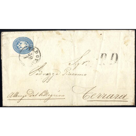 1863, 10 Soldi azzurro, su lettera da Padova il 30.1., per Ferrara, (Sass. 39- ANK 17)