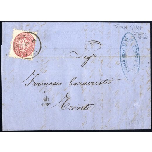 1864, 5 Soldi rosso su lettera da Vicenza 5.1.1864 per Trento, &quot;terzo giorno d uso&quot; (Sass. 43)