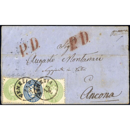 1864, Lettera della terza sezione da Venezia affrancata con 3 + 3 + 10 Soldi, annullo "P. D." in rosso sul fronte, firm. Bolaffi (Sass. 42+42+44 - ANK 20+20+23)