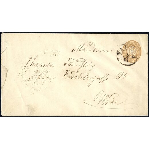 1863, Intero postale 15 Soldi, formato piccolo senza filigrana, da Padova il 5.11. per Vienna (Austria), (Sass. IP20)