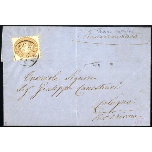 1864/65, 15 Soldi bruno, su lettera raccomandata da Vicenza il 16.12., per Cologna (Sass. 45- ANK 23)