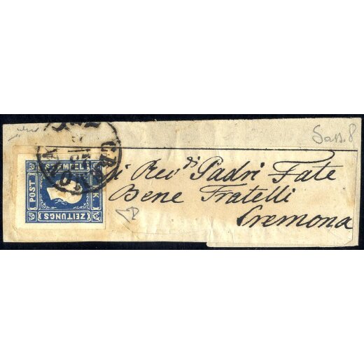 1858, (1,05 s.) azzurro su fascetta annullato Cremona, certificato Enzo Diena, Sass. 8