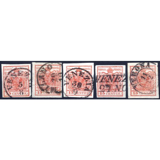 1850, "Pieghe di carta", 15 Cent. rosso, cinque esemplari con pieghe, quattro firm. E. Diena (Sass. 6)