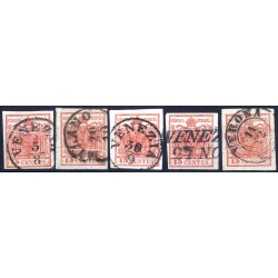1850, "Pieghe di carta", 15 Cent. rosso, cinque...
