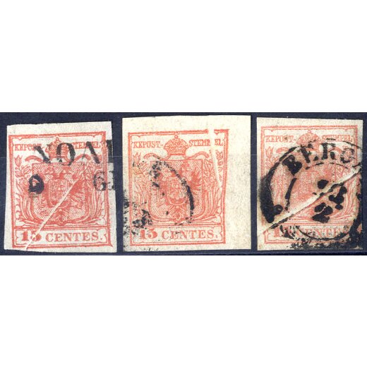 1850, "Pieghe di carta", 15 Cent. rosso, tre esemplari con vistose pieghe (Sass. 6)