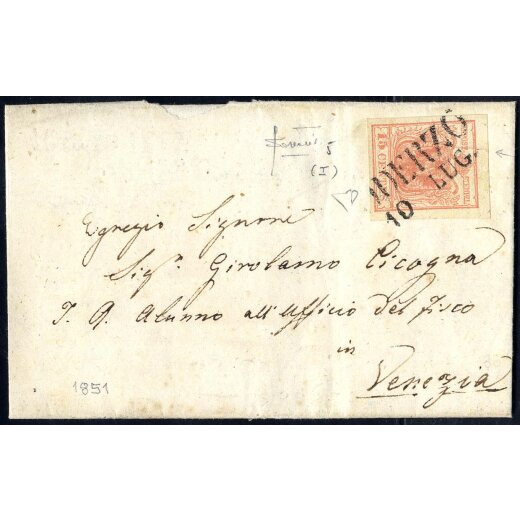 1850, "Pieghe di carta", 15 Cent. rosa, su lettera da Oderzo 10.7.1851 per Venezia, firm. E. Diena e Sottoriva(Sass. 5)