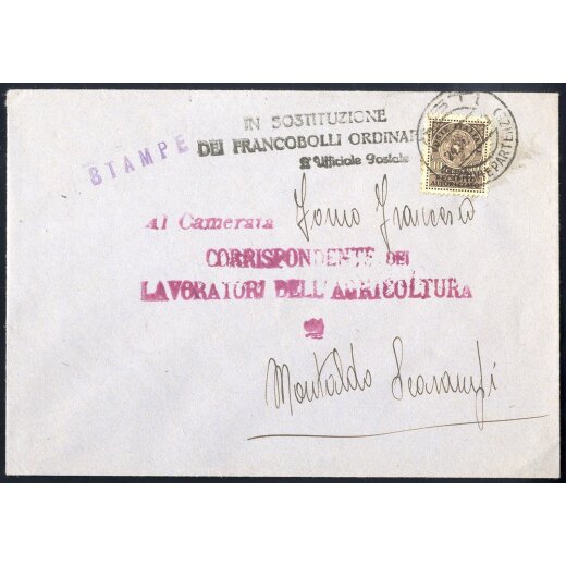 1943, stampe del 24.11.1943 da Asti per Montaldo Scarampi, affrancata con recapito autorizzato 10 c. bruno in sostituzione dei francobolli ordinari, timbro darrivo al verso, raro (Sass. 3).