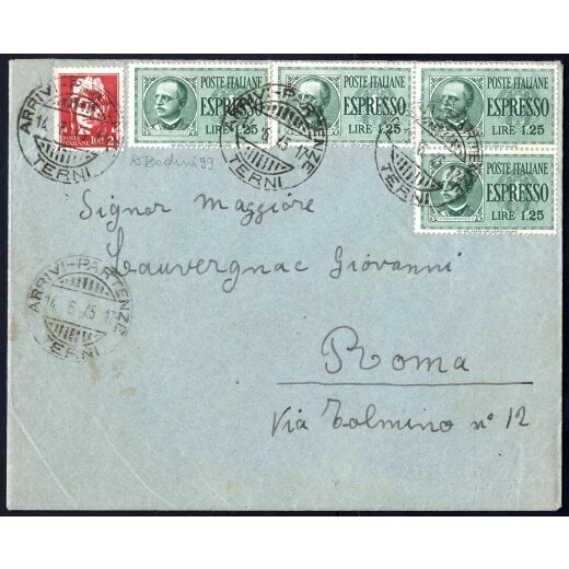 1945, lettera da Terni il 14.6.45 per Roma, affrancata per 7 L. con quattro espresso 1,25 L. e 2 L.Imperiale