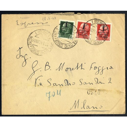 1944, lettera espresso del 18.3.1944 da Roma per Milano, affrancata con RSI 25 c. + 2 x 75 c., senza timbro darrivo.