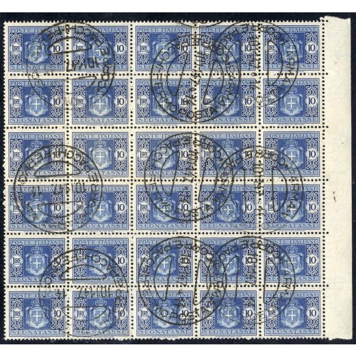 1945, 10 Lire azzurro, fil. ruota, blocco di 30 usato (S. 95 / 450,-)