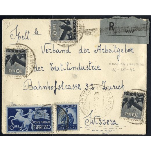 1946-47, I Periodo Tariffario, due lettere raccomandate, una anche espresso affrancate rispettivamente per 45 e 55 Lire da Nocera inferiore il 16.9.46 e il 5.10.46 (tassata 20) per Zurigo, Sass. E26, 555,558