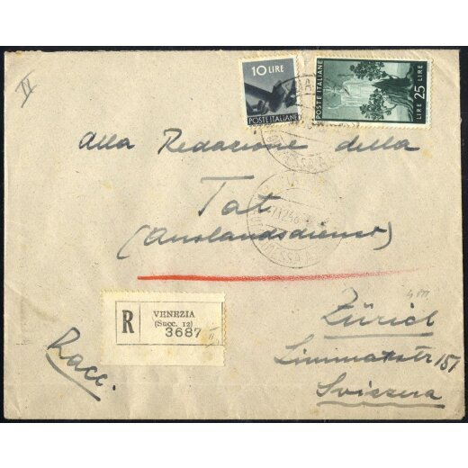 1946-47, I Periodo Tariffario, lettera raccomandata affrancata per 35 Lire da Venezia il 7.12.46 per Z&uuml;rich (Svizzera), Sass. 558,562
