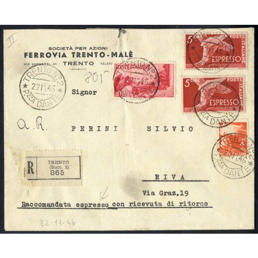 1946-47, I Periodo Tariffario, lettera raccomandata espresso affrancata per 24 Lire da Trento il 22.11.46 per Riva, Sass. E 25(2),554,571