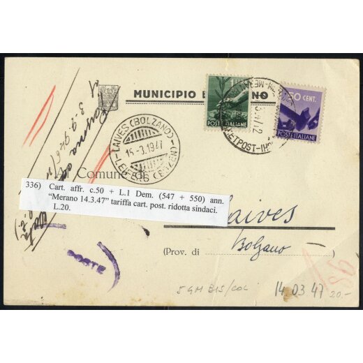 1946-47, I Periodo Tariffario, 2 cartoline a tassa ridotta per sindaci, affrancate per 1,5 Lire, una con 50 c. Democratica e 1 l. aerea, l´altra con 0,50 c. e 1 l. Democratica