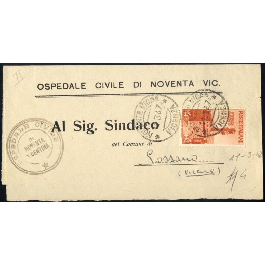 1946-47, I periodo tariffario, lettera doppio porto tra sindaci affrancata con 4 l. Avvento da Noventa Vic. il 11.3.47 per Sossano, Sass. 569