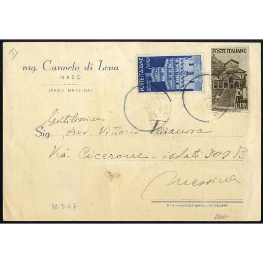 1946-47, I Periodo Tariffario, 3 cartoline affrancate per 3 Lire Avvento con rispettivamente 3 per 1 l., 1+2 l., e 3 l., Sass. 966,968