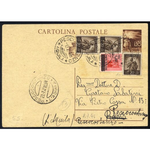 1946, cartolina postale da 1,20 l. con affrancatura aggiunta da Pescocostanzo il 23.7. per Roma, Laser 124 e Sass. 524,544(3)