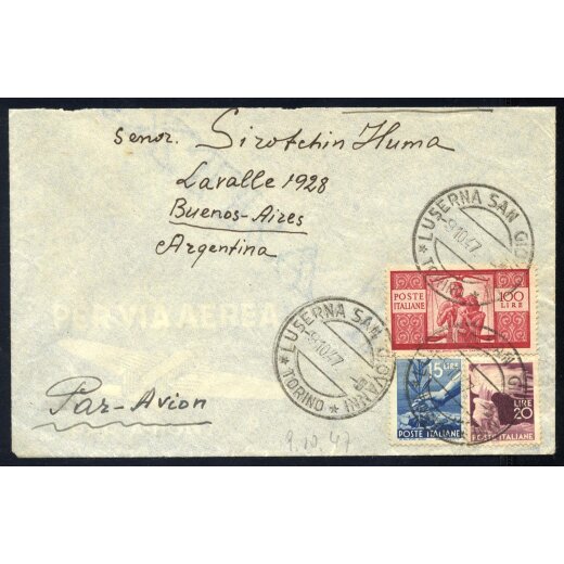 1845/48, Democratica, 100 Lire + 15 + 20 Lire su lettera da Luserna 9.10.1947 per il Brasile (Sass. 560+561+565)