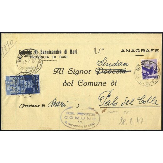 1946, Avvento, 2 Lire + 50 Cent. Democratica su lettera tra sindaci da Sannicandro 28.2.1947 per Palo del Colle (Sass. 547+567)