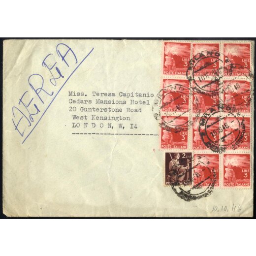 1945/48, Democratica, 2 Lire + undici esemplari 3 Lire su lettera da Milano 10.10.1946 per via aerea a Londra (Sass. 552+553x11)