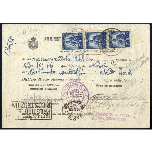 1945/48, Democratica, 5 Lire, striscia di tre su avviso di ricevimento da Napoli 23.10.1946 per New York, rara (Sass. 555)