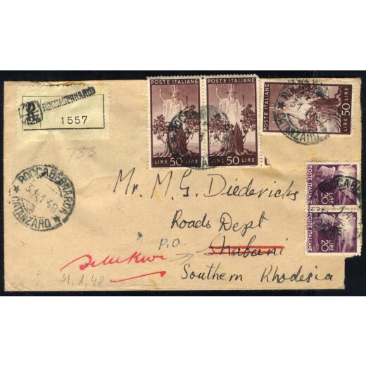 1945/48, Democratica, coppia 20 Lire + singolo pi? coppia 50 Lire su raccomandata da Roccabernarda 31.1.1948 per Shabani nella Rhodesia del Sud, rispedita a Selukwe, lettera rara con minimi dífetti (Sas. 561x2+564x3)