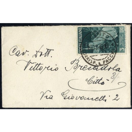 1946, Avvento, 3 Lire in tariffa biglietto da visita da Trento 28.12.1946 per citta (Sass. 568)