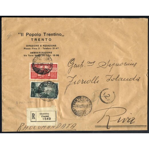 1945/48, Democratica, 25 + 100 Lire su raccomandata quattro porti da Trento 24.10.1950 per Riva (Sass. 562+565)