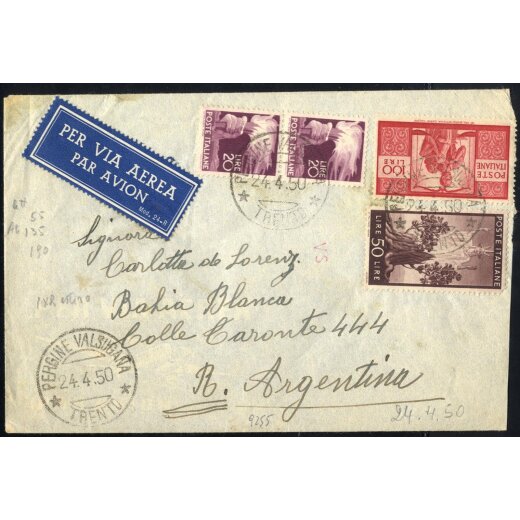 1945/48, Democratica, 100 Lire + 20 + 20 + 50 lire su lettera da Pergine 24.4.1950 per l Argentina (Sass. 561+561+564+565)