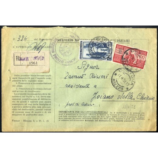 1945/48, Democratica, 100 Lire + 15 Lire Italia al Lavoro su modulo da Cortona 11.4.1951 (Sass. 565+641)