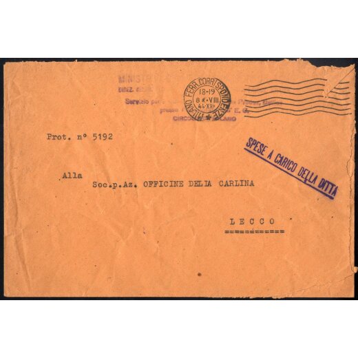 1944, lettera spedita da zona sprovista di francobolli con bollo lineare violetto &quot;SPESE A CARICO DELLA DITTA&quot; che aveva probabilmente un c/c postale in quanto nessuna tassa ? indicata sulla lettera che va da Milano il 8.8. per Lecco