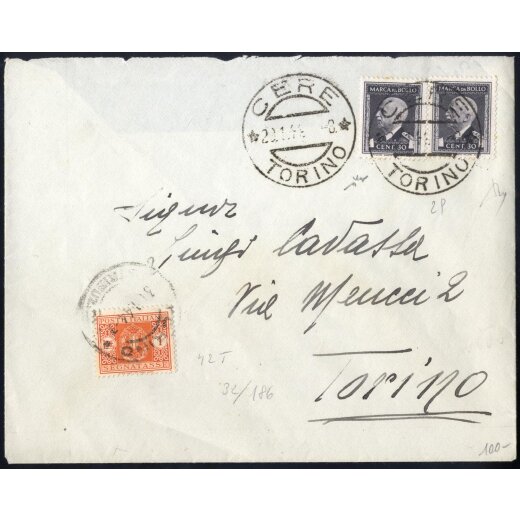 1944, lettera affrancata con due 30 c. Marca da Bollo da Cere il 29.1. per Torino tassata con 1 l. Sass. S42