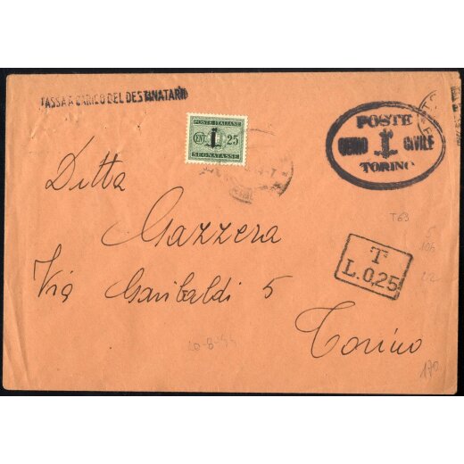 1944, lettera con tassa a carico, tassata con 25 c. soprastampato fascio da Torino per citt?, Sass. S63 / 800,-