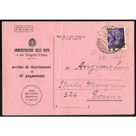 1944, avviso di pagamento affrancato con 50 c. monumenti distrutti da Torino il 23.9. per citt?, francobollo distribuito il 12.8. e fuori tariffa il 1.10., Sass. 507