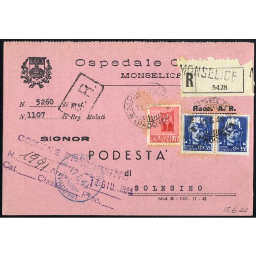 1944, cartolina raccomandata affrancata per 90 c. da Monselice il 15.6. per Solesino con Sass. 250(2),496