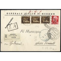 1944, 3 cartoline raccomandate affrancate per 90 c., una...