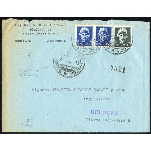 1944, lettera affrancata per 85 c. da Bologna il 3.3. per citt? con Sass. 246,250(2)