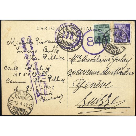 1945, cartolina postale da Villarpelice il 13.4. per Ginevra (Svizzera) affrancata con Sass. 505,507, censurata