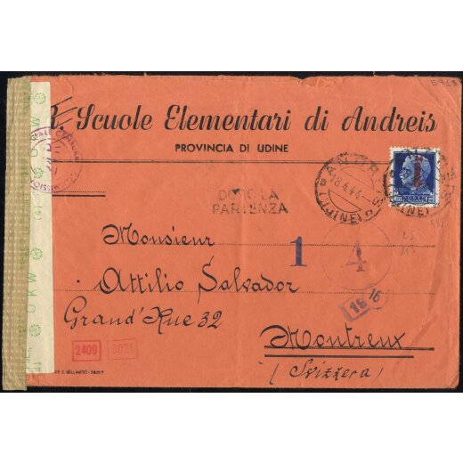 1944, lettera da Andreis il 18.4. per Montreux (Svizzera) affrancata con Sass. 495