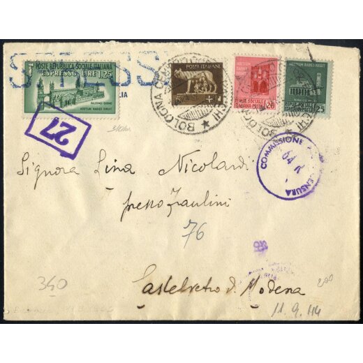 1944, lettera espresso da Bologna il 11.9. per Castelvetro di Modena affrancata per 1,75 l. con Sass. 243,496,497,E23 censurata