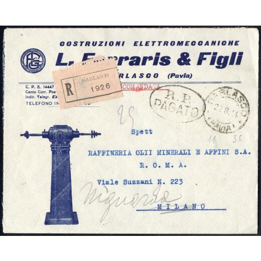1944, lettera raccomandata da Garlasco il 22.8. per Milano con bollo ovale R.P. Pagato invece dei francobolli e etichetta di raccomandata rosa in emergenza (originaria per racc. di servizio)