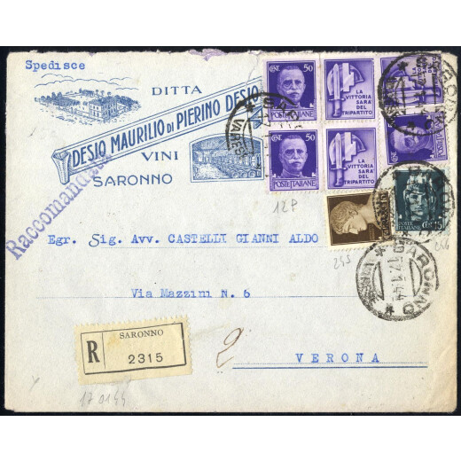 1944, lettera raccomandata da Saronno il 17.1. per Verona affrancata per 1,75 l., con Sass. 245,246,PG12(3)