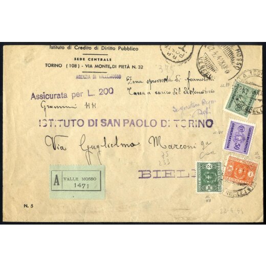 1944, lettera assicurata affrancata per 3,75 l. in tassa a carico (Zona sprovvista di francobolli) da Vallemosso il 22.4. per Biella tassata con Sass. T37,40,42,43
