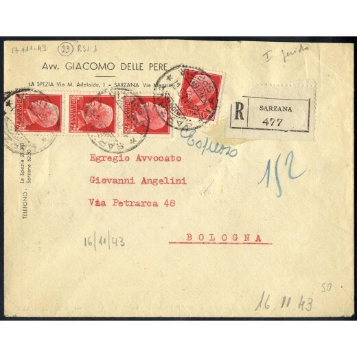 1944, lettera espresso raccomandata da Sarzana il 16.11. per Bologna affrancata per 3 l. con Sass. 252(4)