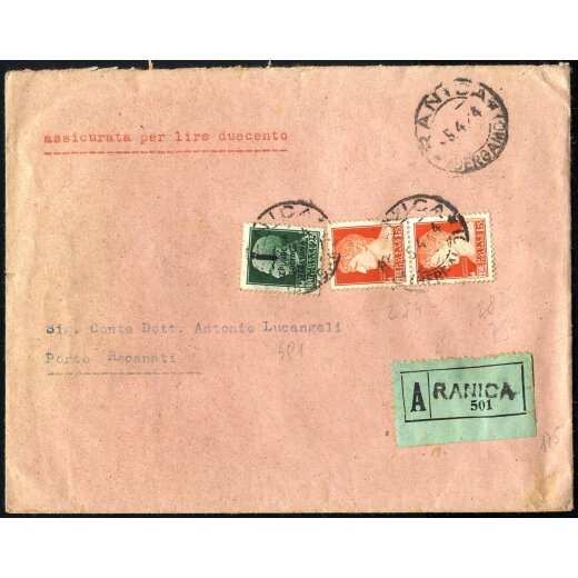 1944, lettera assicurata da Ranica il 5.4. per Porto Recanati affrancata per 3,75 l. con Sass. 254(2),491