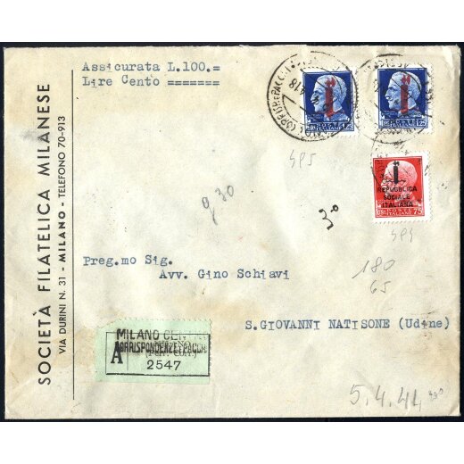 1944, lettera assicurata da Milano il 5.4. per S. Giovanni Natisone affrancata per 3,25 l. con Sass. 494,495(2)