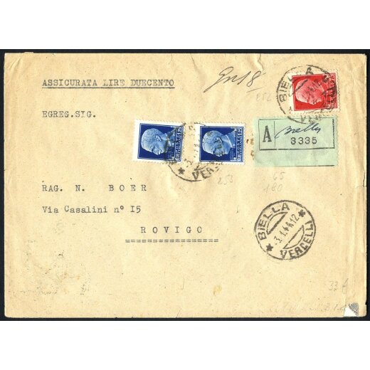 1944, lettera assicurata da Biella il 5.1. per Rovigo affrancata per 3,25 l. con Sass. 252,253(2)