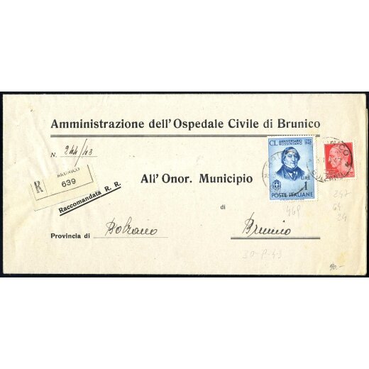 1943, lettera raccomandata aperta da Brunico il 30.9. per citt? affrancata per 1,2 l., con Sass. 247,469