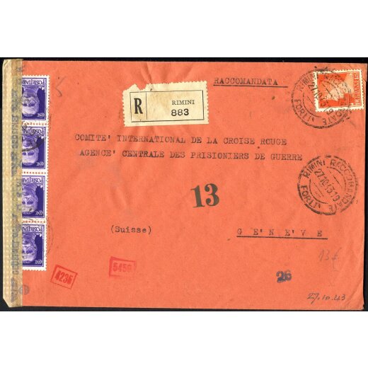 1943, lettera raccomandata aerea da Rimini il 27.10. per Ginevra (Svizzera) affrancata per 3,75 l. con Sass. 251(4),254 censurata