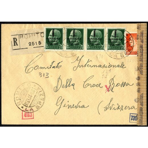 1944, tre lettere raccomandate per la Svizzera affrancate per 2,75 l., una con Sass. 254,491(4), una con Sass. 251(2),254, e l´ultima con Sass.254,A14, censurate